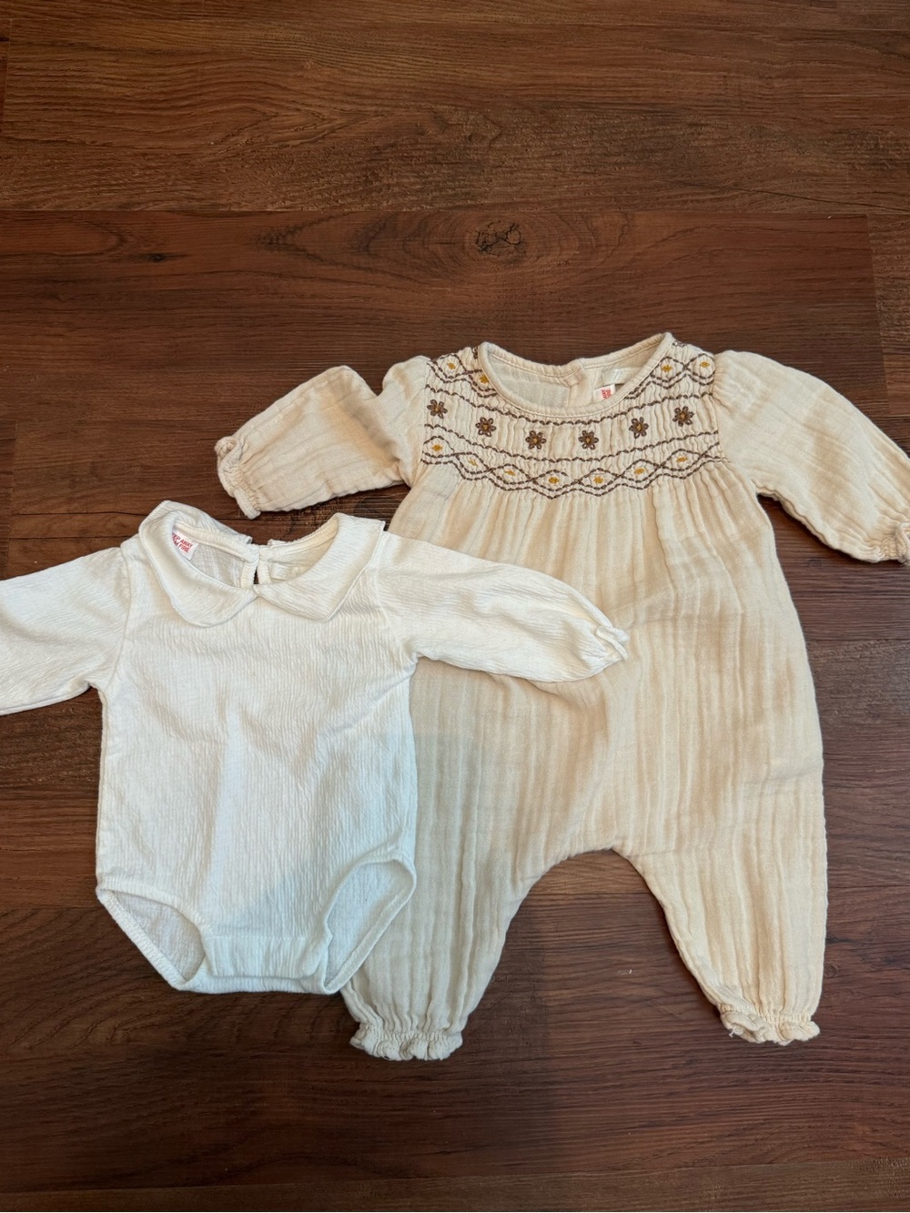 Zara Cream Embroidered Long-Sleeve Baby Romper & Collar Bodysuit Set